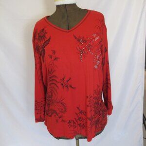 NWT  Jess & Jane red long sleeve tee with black floral pattern  1X